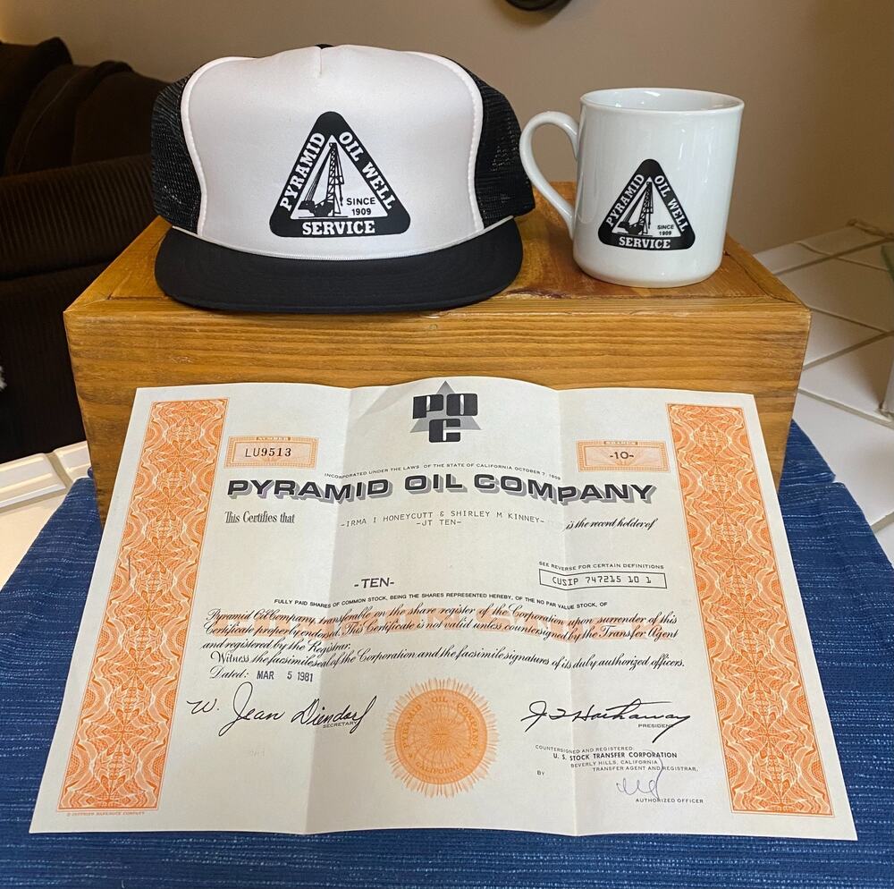 VTG Pyramid Oil Well Co Stock Certificate Hat Coffee Mug Bakersfield California
